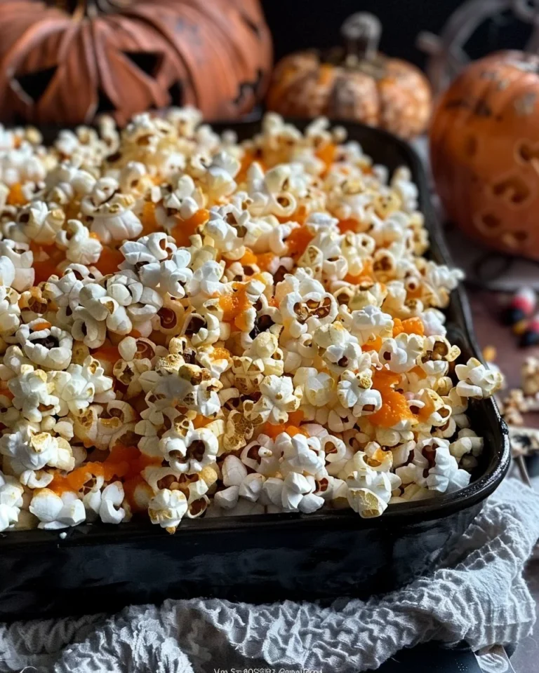 Bowl of colorful Halloween popcorn with spooky decorations.