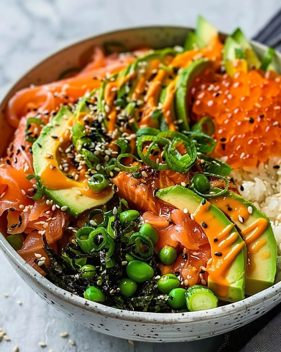 High protein low carb salmon sushi bowl served in a bowl