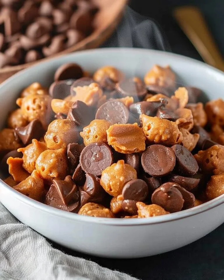 Bowl of homemade chocolate peanut butter cereal with milk and nuts