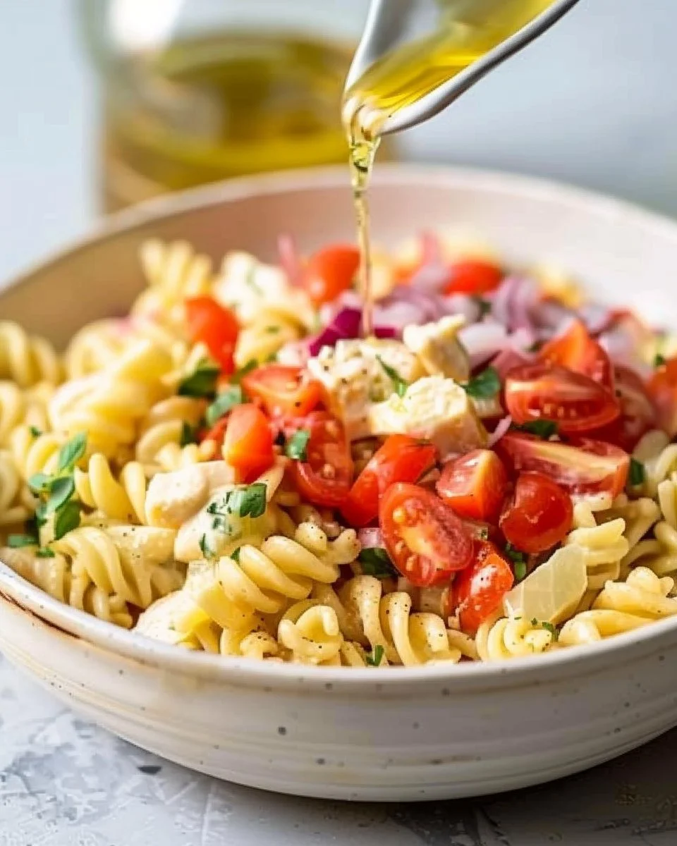 A colorful bowl of Italian pasta salad with vegetables and dressing