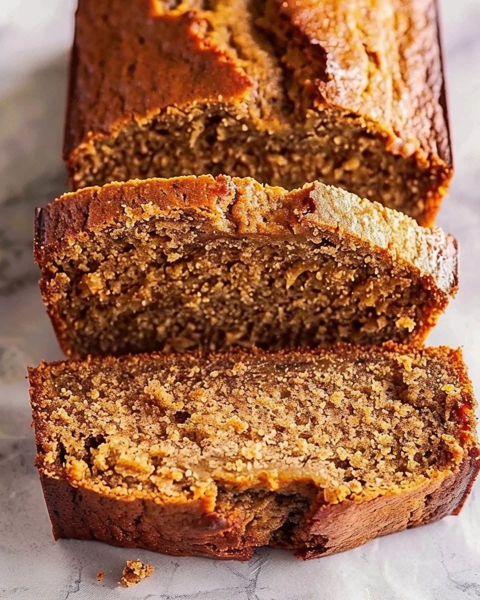 Freshly baked peanut butter banana bread loaf on a wooden cutting board