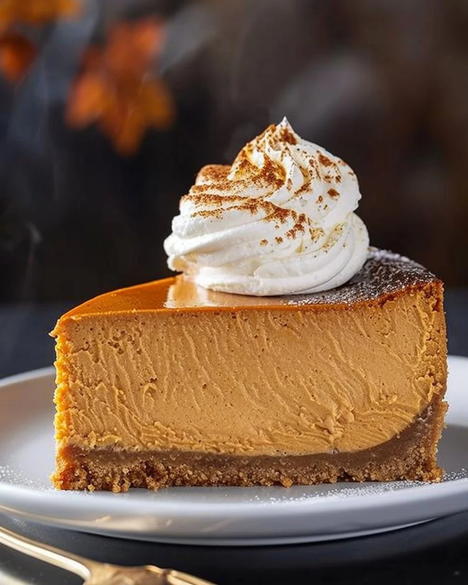 Deliciously creamy homemade Pumpkin Cheesecake pie with a smooth texture.
