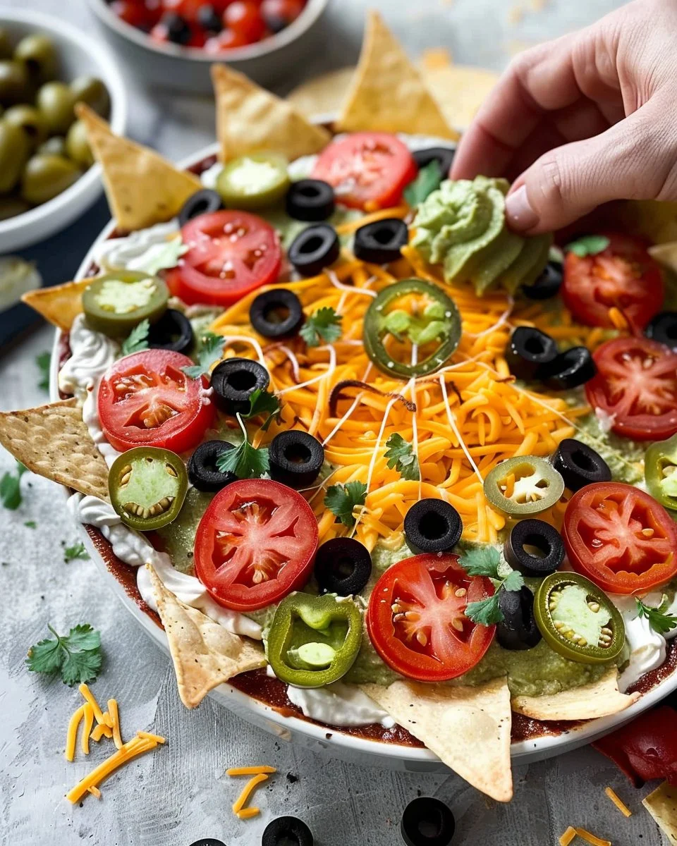 Delicious Spiderweb Seven Layer Dip displayed in a serving dish
