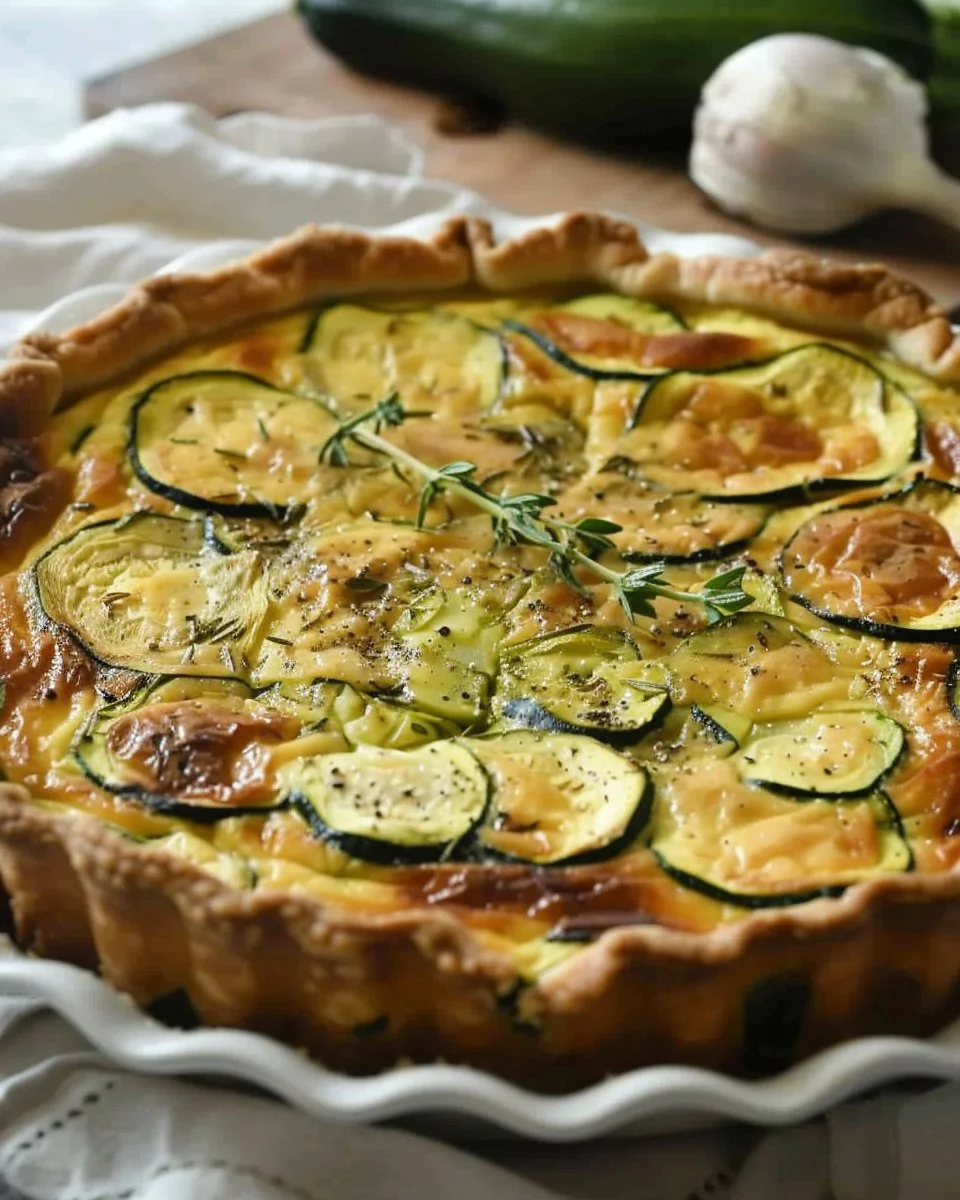 Delicious zucchini quiche with a deep dish crust ready to be served.
