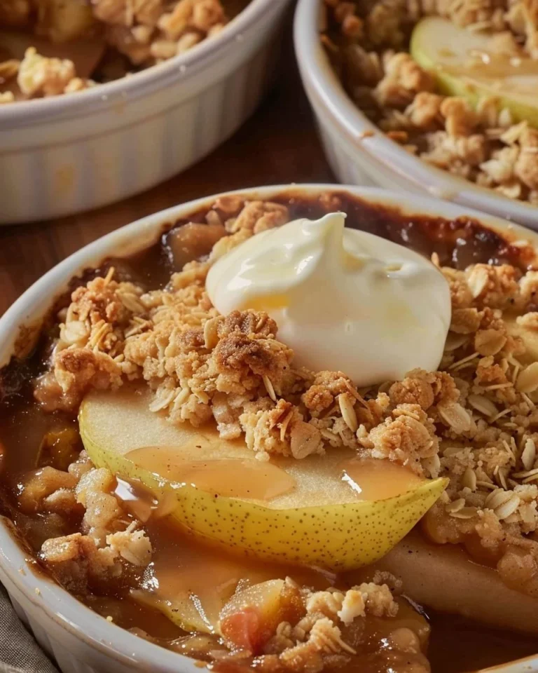 Bowl of homemade Apple Pear Crisp with crunchy topping and sliced apples and pears