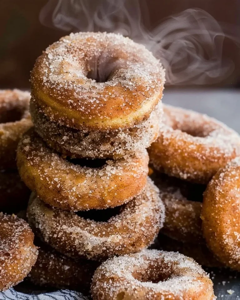 Baked apple cider donuts topped with cinnamon sugar on a rustic wooden table.
