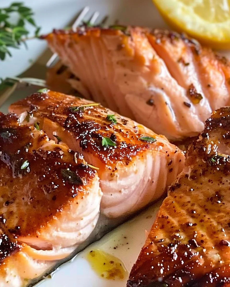 Delicious oven-baked salmon served on a plate with herbs and lemon