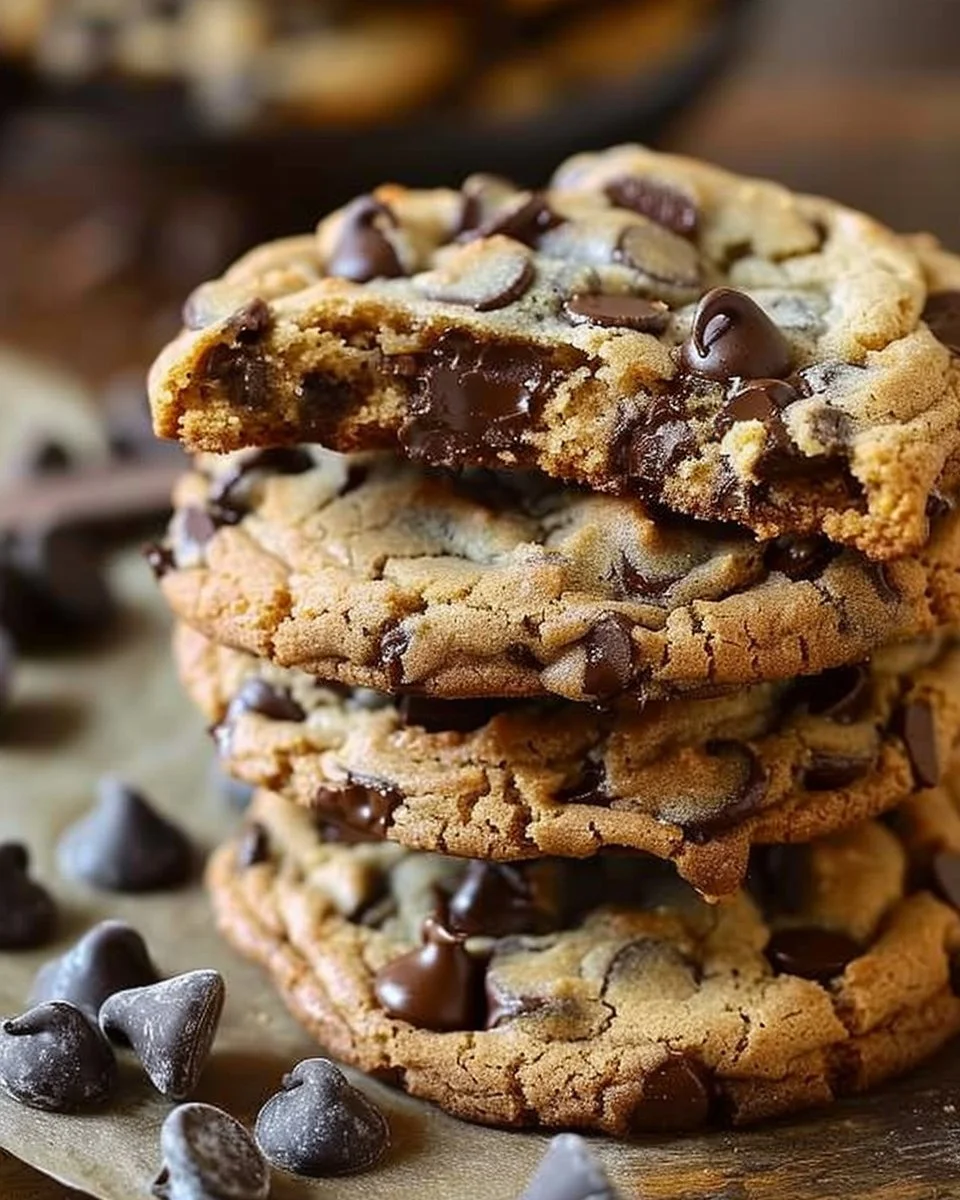 A plate of freshly baked chocolate chip cookies with gooey chocolate chunks