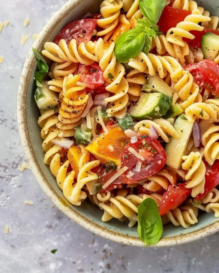 Bowl of Classic Pasta Salad with vegetables and dressing