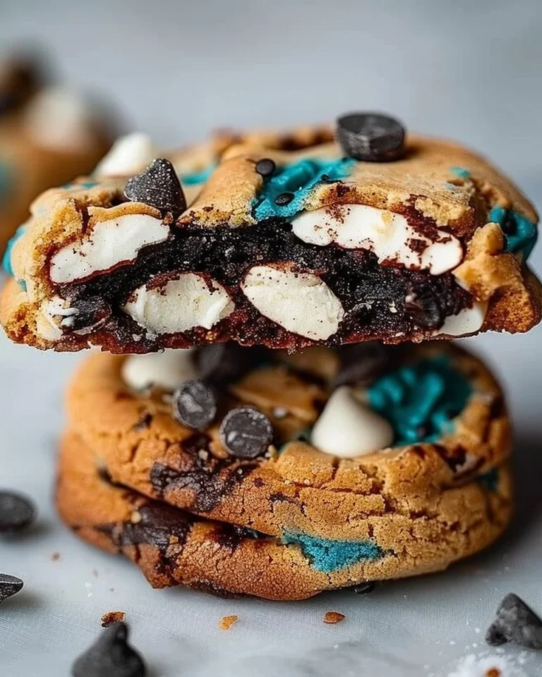 Delicious Cookie Monster's Cookies on a baking sheet, ready to be enjoyed.