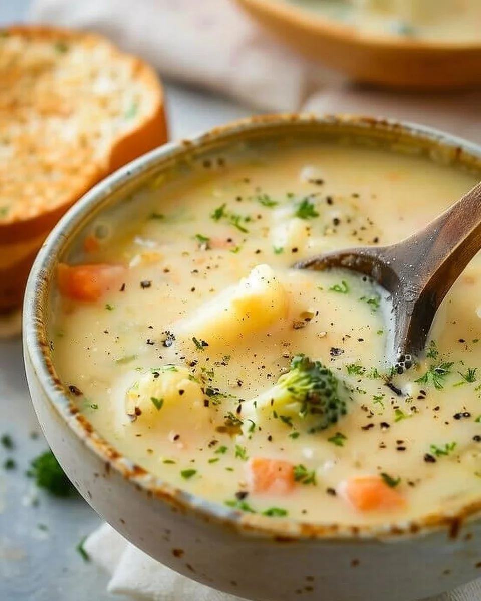 Bowl of creamy vegetable soup garnished with fresh herbs
