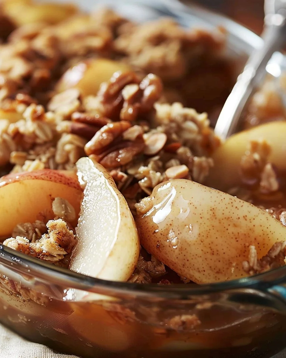 Fresh Pear and Walnut Crisp dessert topped with crunchy walnut topping