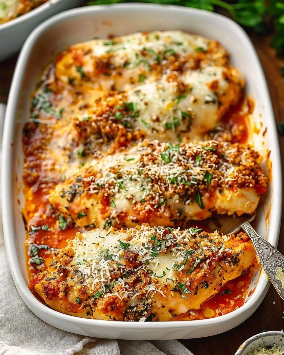 Delicious Garlic Chicken Parmesan topped with melted cheese and fresh parsley.