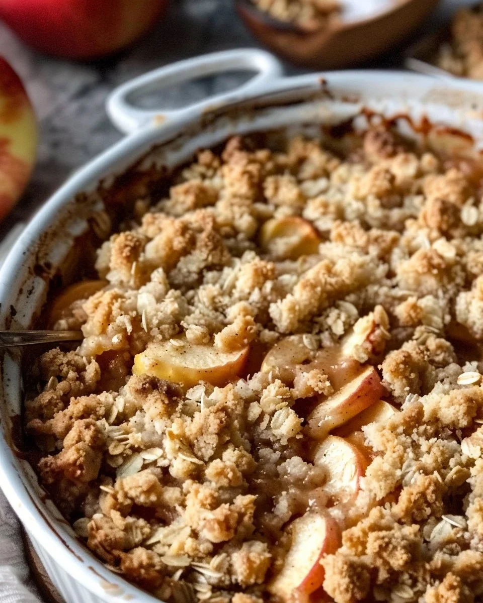 Delicious gluten-free apple crisp dessert in a baking dish with apples and oats.