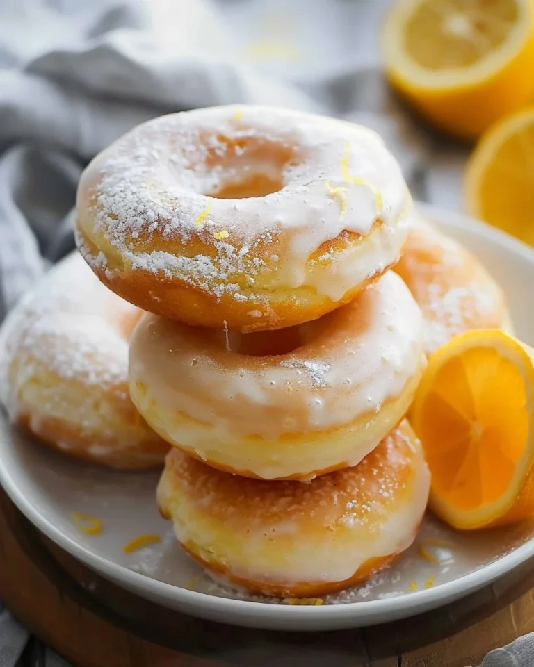 Meyer lemon baked doughnuts with a light glaze on a wooden table