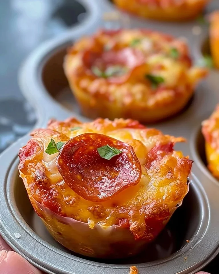 Mini Pizza Muffins fresh out of the oven, topped with cheese and pepperoni.