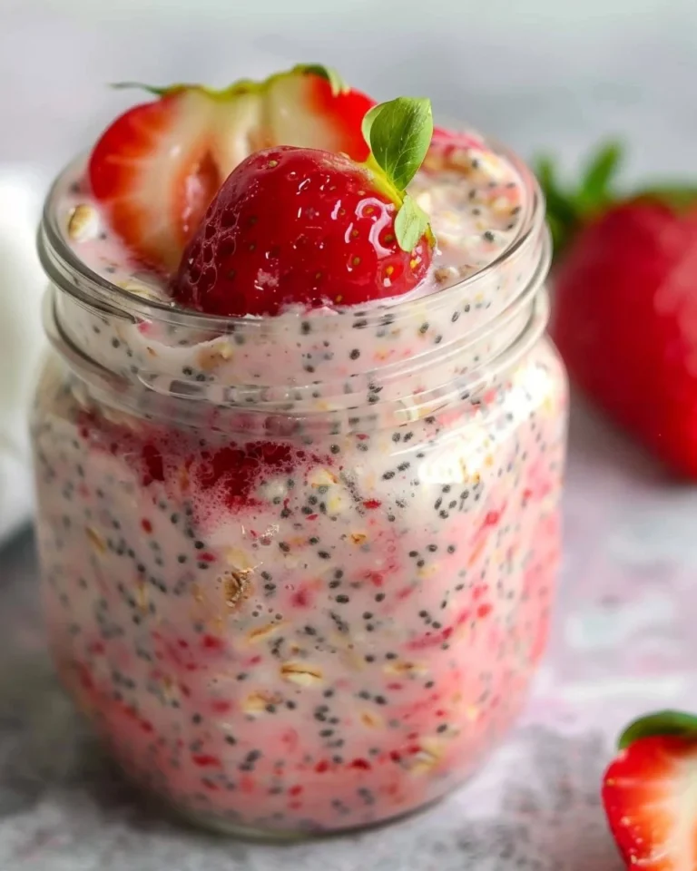 Bowl of overnight oats topped with fresh strawberries and a dollop of cream.