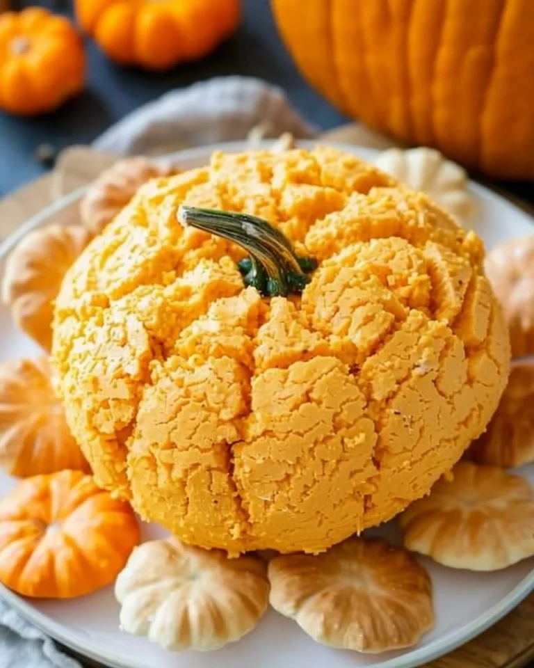 Pumpkin-shaped cheese ball garnished with herbs and spices for a festive appetizer
