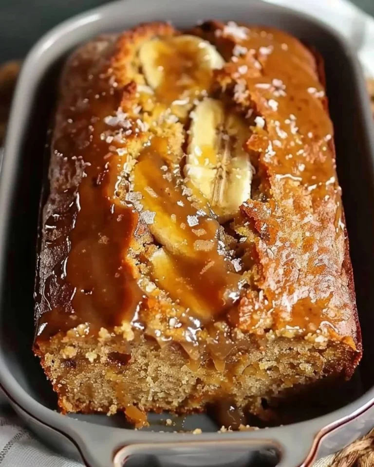 Delicious salted caramel banana bread slice with drizzled caramel
