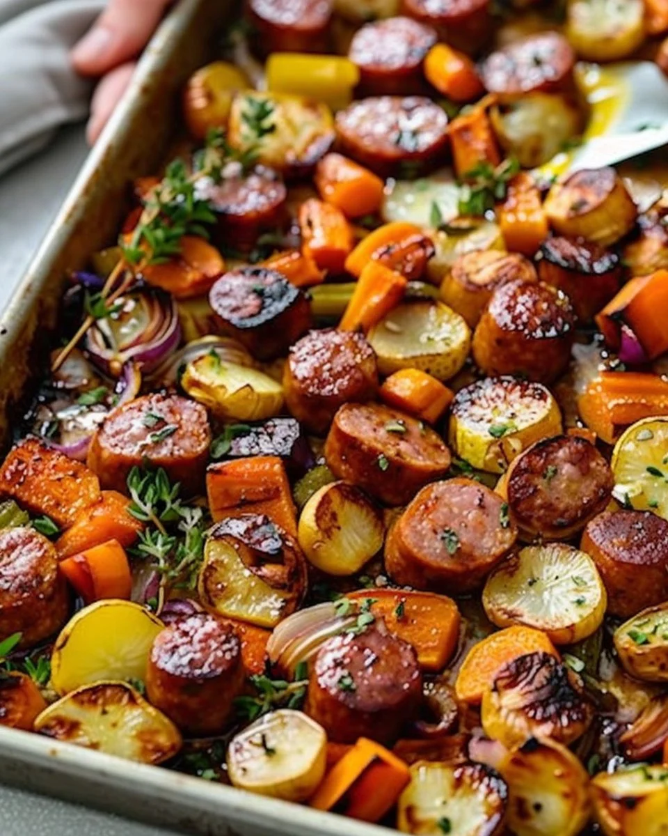 Sheet pan filled with sausage and assorted colorful veggies ready to cook.