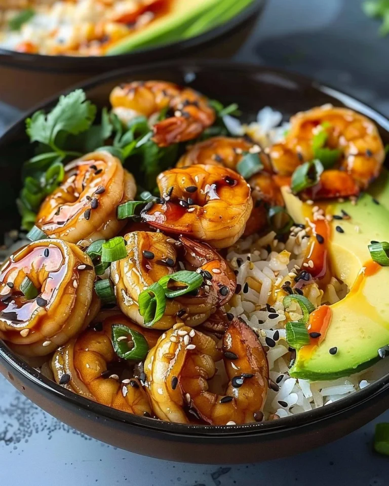 Shrimp Teriyaki Rice Bowl with fresh vegetables and teriyaki sauce