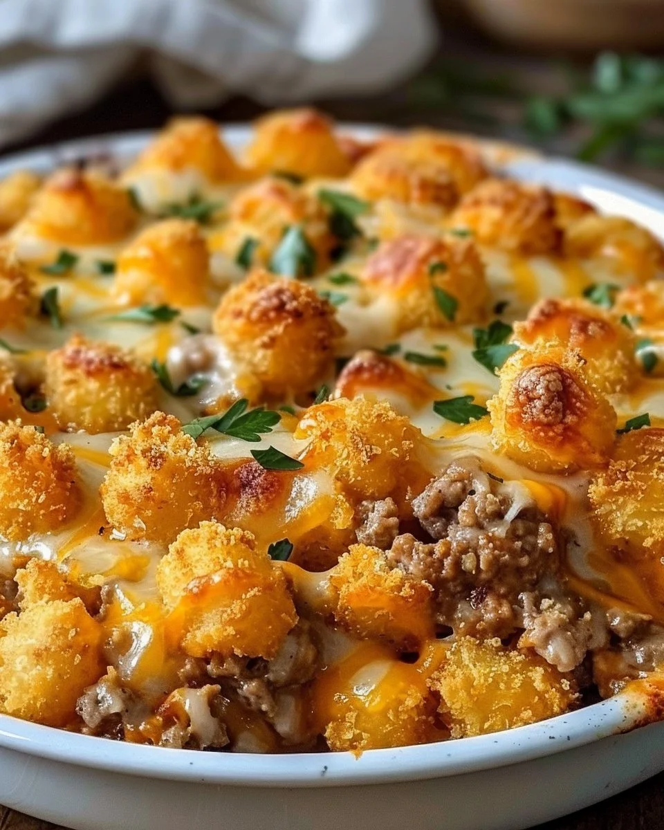 Delicious homemade tater tot casserole topped with crispy tater tots